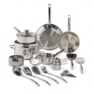 T-fal Cook & Strain Stainless Steel Cookware Set (Silver, 20 Piece) s24k9